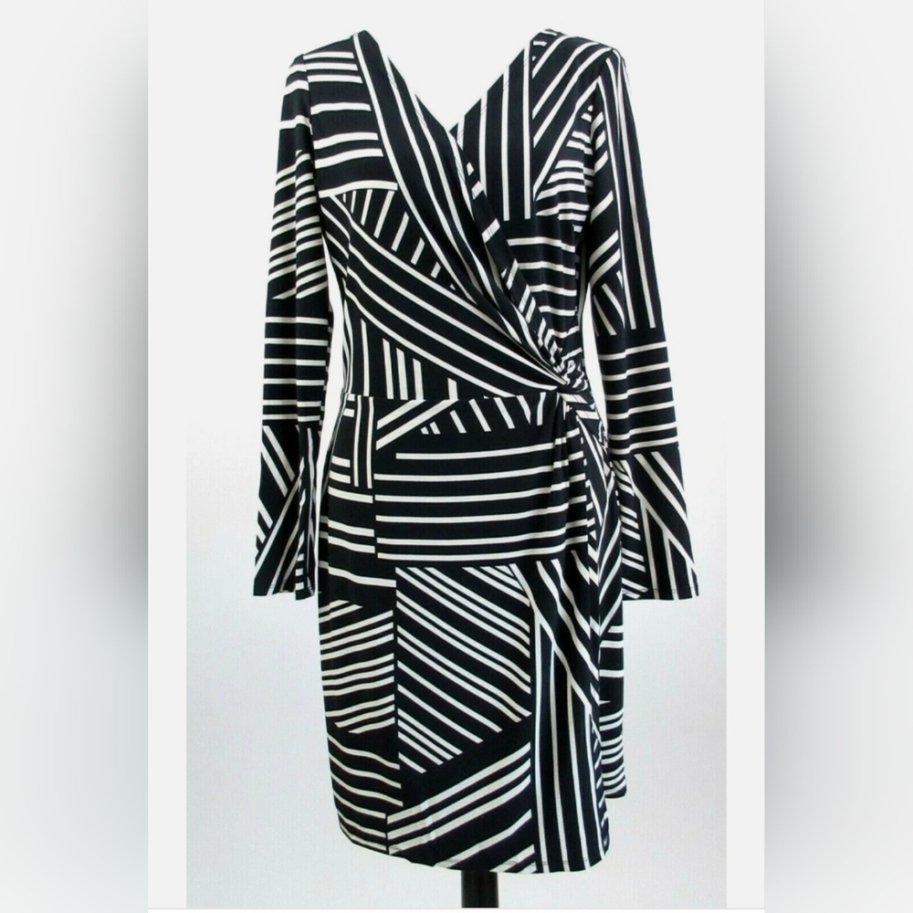 Womens Black and White Striped Wrap Dress